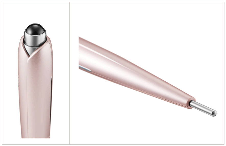 左の画像の先端が「ヒートジュエル」。温めながら摩擦レスで表情筋をやさしくほぐす。右の画像の先端はEMS機能も備えている